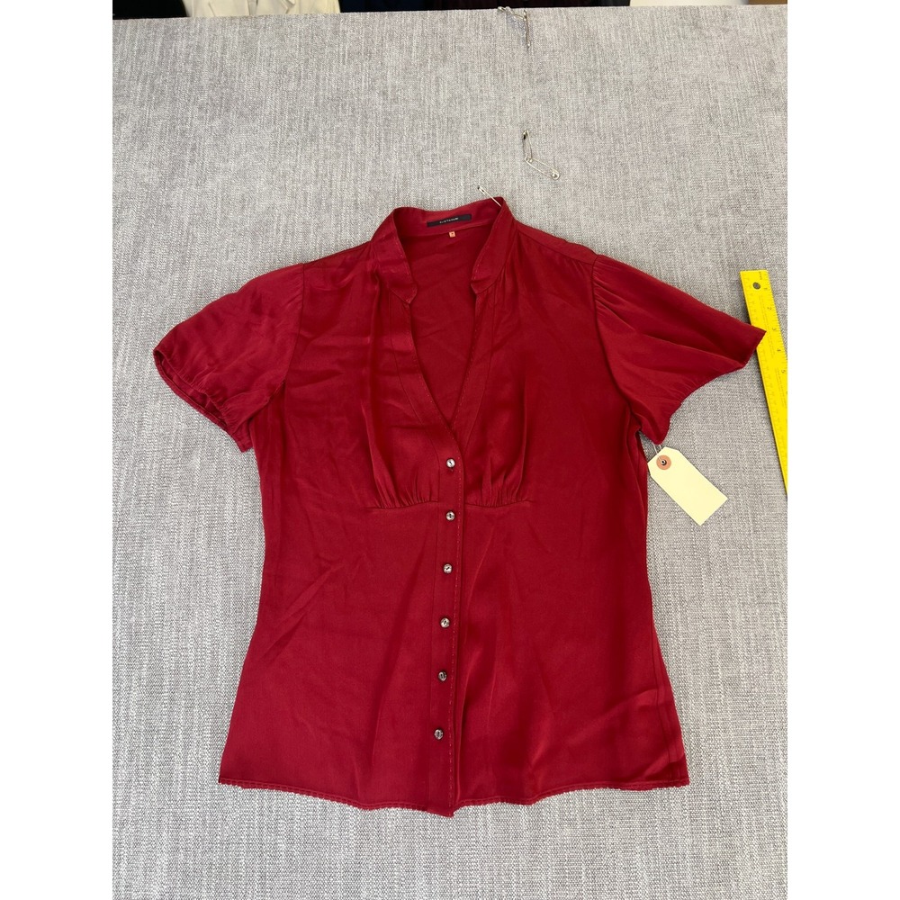 Elie Tahari Blouse Top Womens M Red Short Sleeve V-Neck Classic Button Front